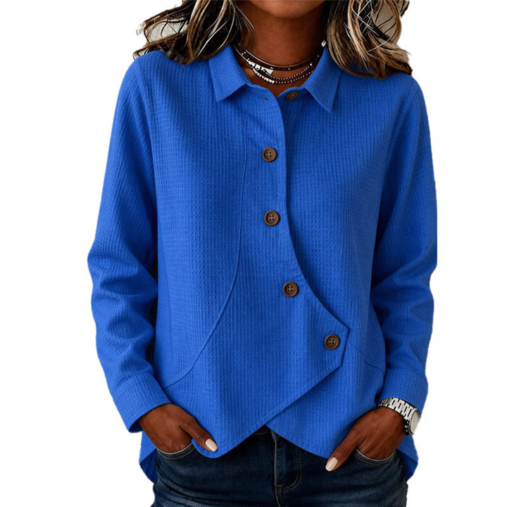Women's Knit Top with Button Placket, Waffle Texture and Asymmetric Hem