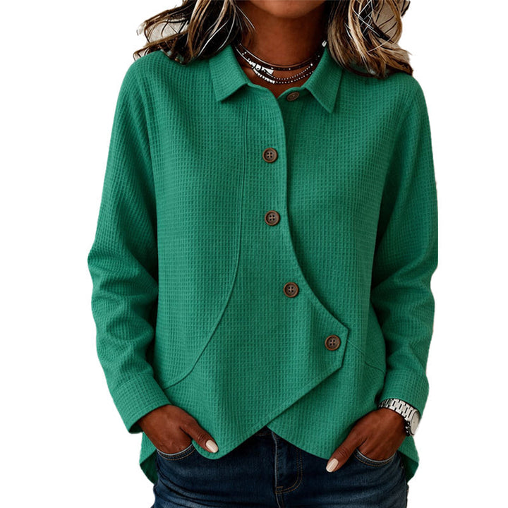 Women's Knit Top with Button Placket, Waffle Texture and Asymmetric Hem