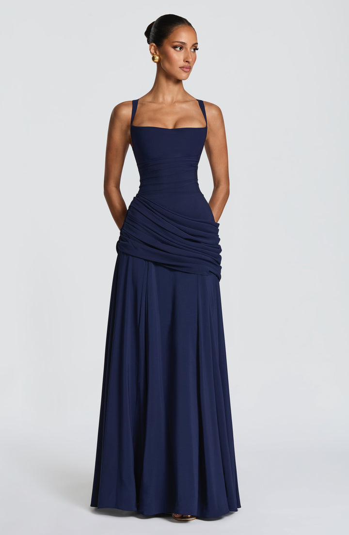 Destiny Chiffon Maxi Dress with Waterfall Neckline and Lace-Up Back