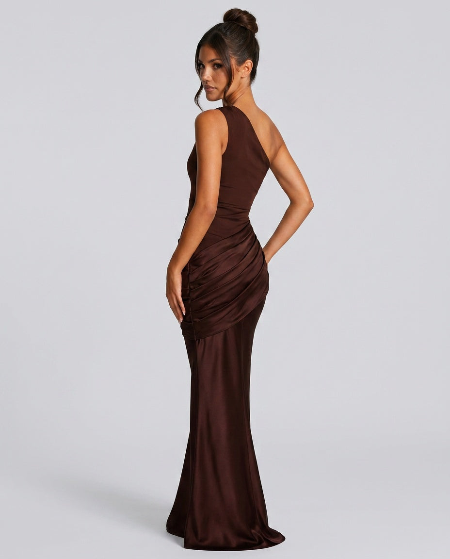One-shoulder draped satin maxi dress