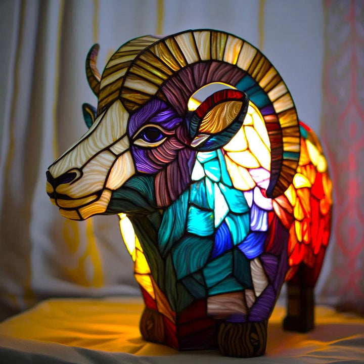 Vintage Stained Glass Animal Table Lamp with Mosaic Panels