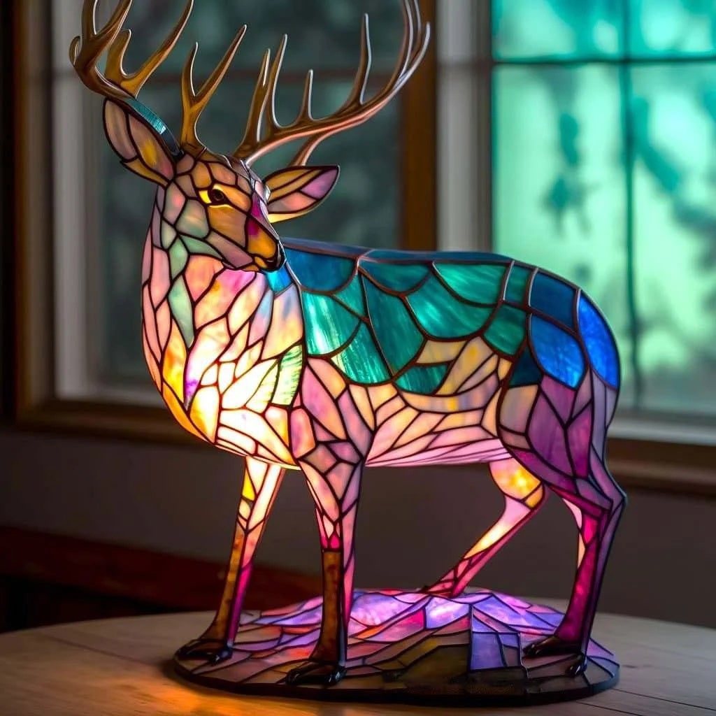 Vintage Stained Glass Animal Table Lamp with Mosaic Panels