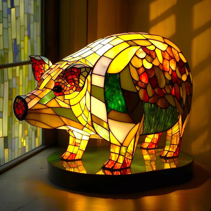 Vintage Stained Glass Animal Table Lamp with Mosaic Panels