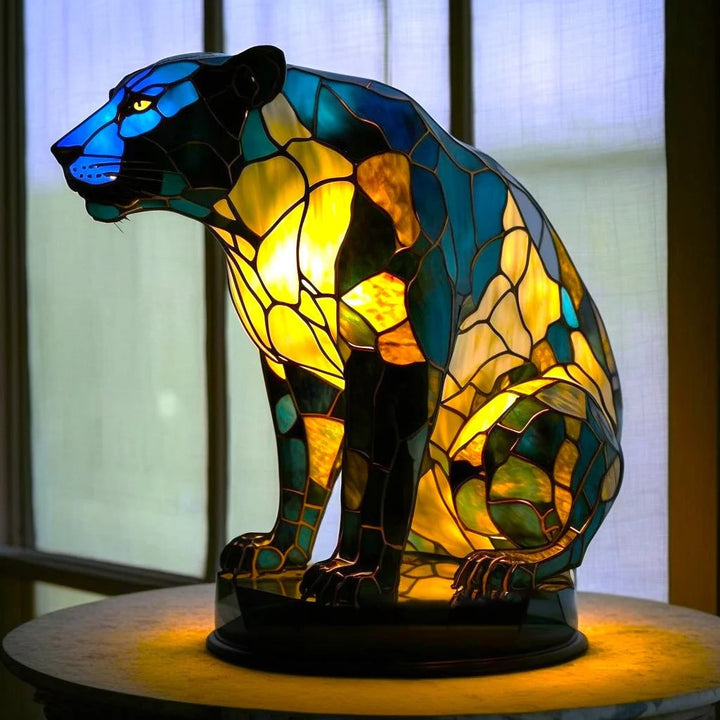 Vintage Stained Glass Animal Table Lamp with Mosaic Panels