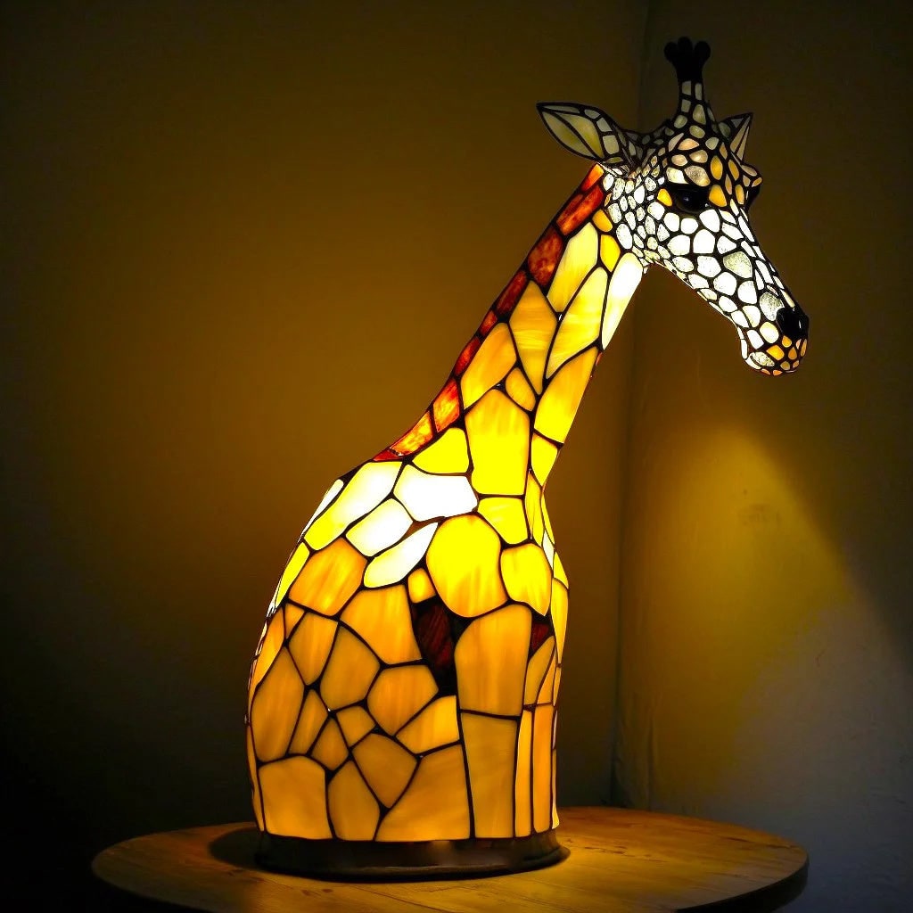 Vintage Stained Glass Animal Table Lamp with Mosaic Panels