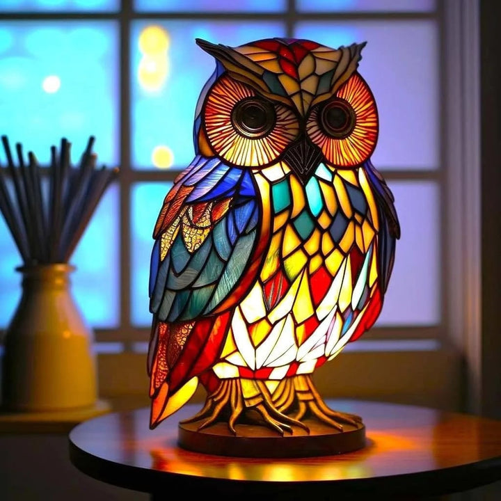 Vintage Stained Glass Animal Table Lamp with Mosaic Panels