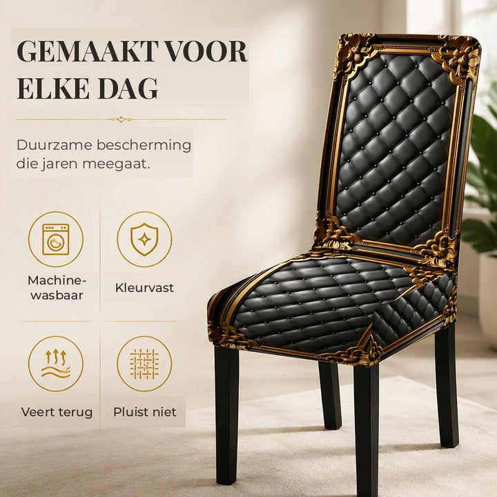 Baroque Stretch Chair Covers with Gold Detail Print - Washable Dining Chair Slipcovers