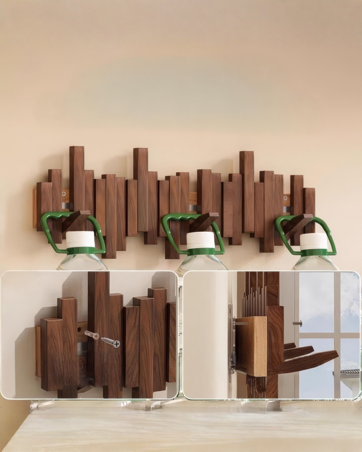 Wooden coat rack with folding magnetic hooks – beech, 3–10 hooks