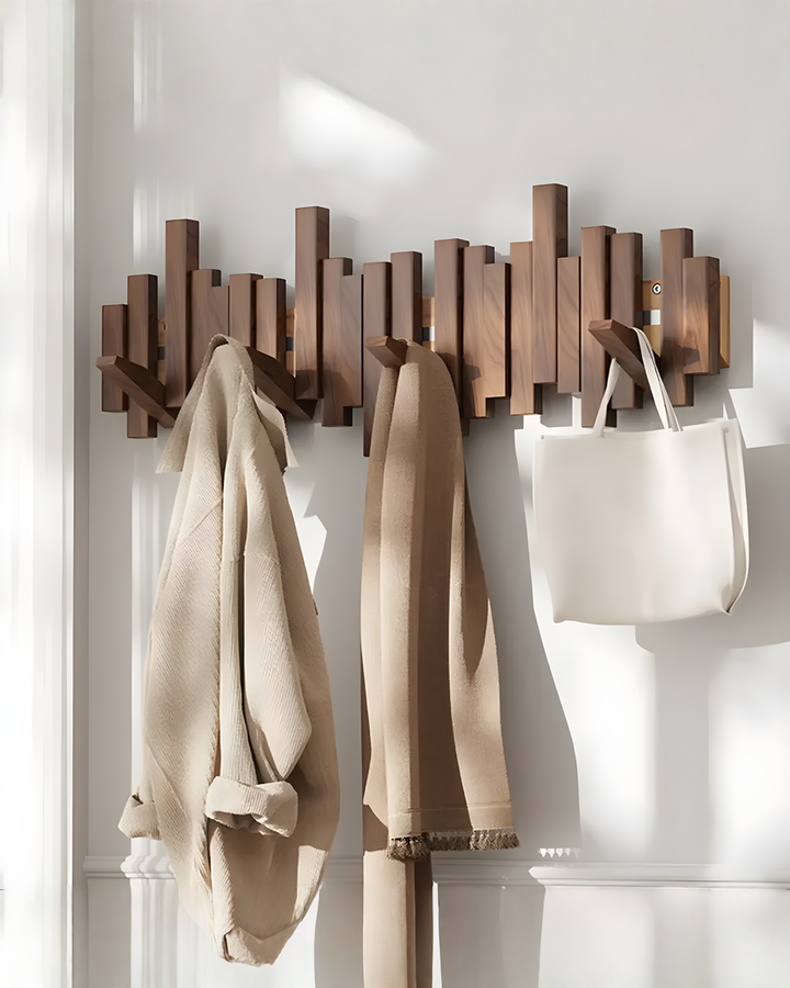 Wooden coat rack with folding magnetic hooks – beech, 3–10 hooks