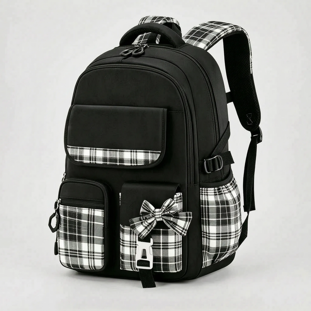 Structured School Rucksack with Checked Accents - Comfort and Style