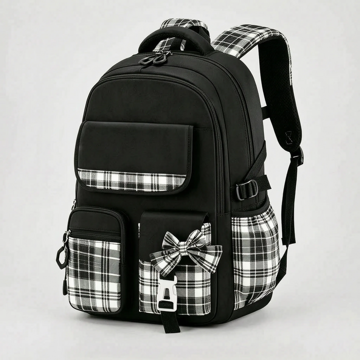 Structured School Rucksack with Checked Accents - Comfort and Style
