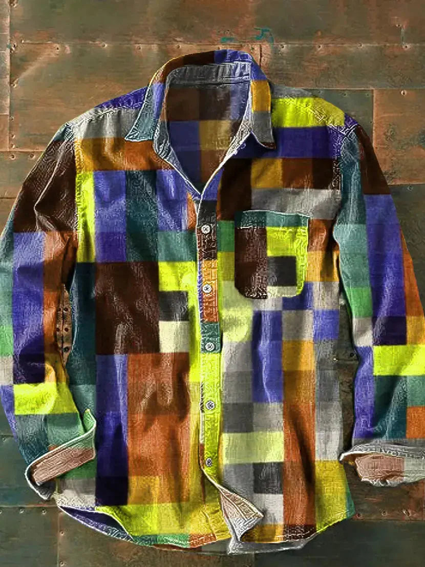 Printed men's long-sleeved shirt – relaxed, casual cut with button placket