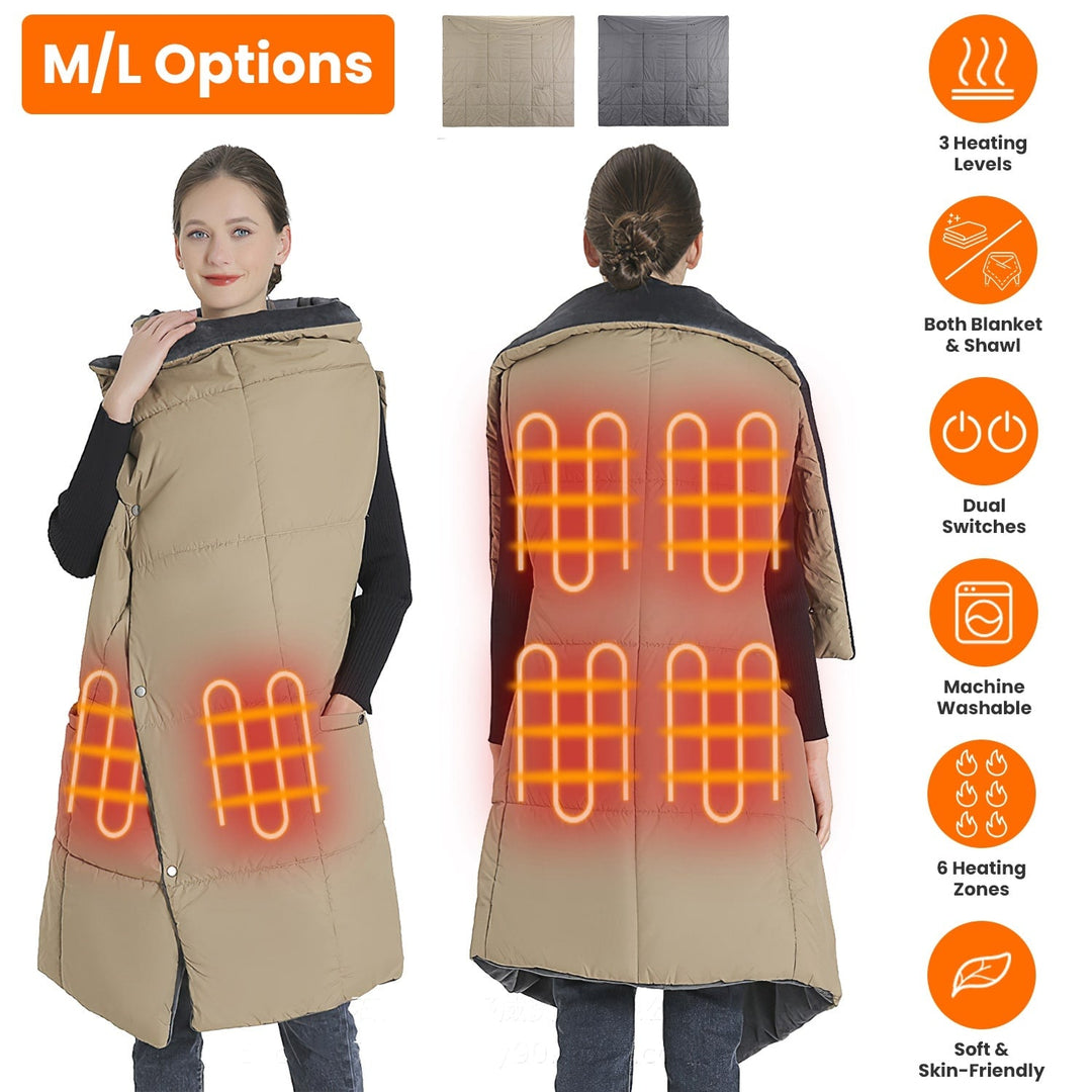 USB Wearable Heated Blanket with Zipper Armholes Dual Controls and 6 Heating Zones