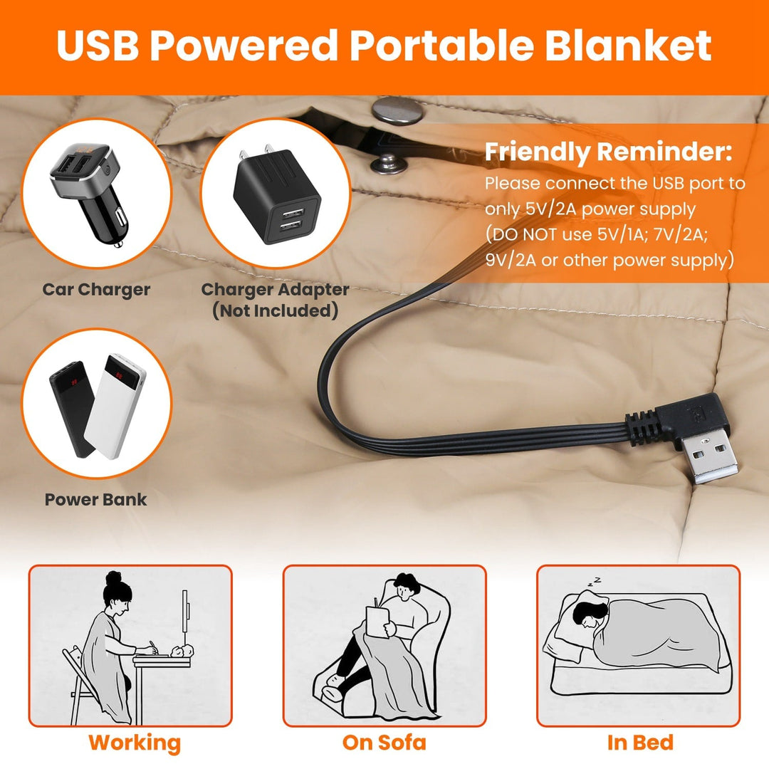 USB Wearable Heated Blanket with Zipper Armholes Dual Controls and 6 Heating Zones