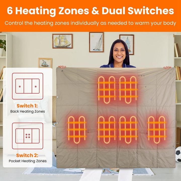 USB Wearable Heated Blanket with Zipper Armholes Dual Controls and 6 Heating Zones