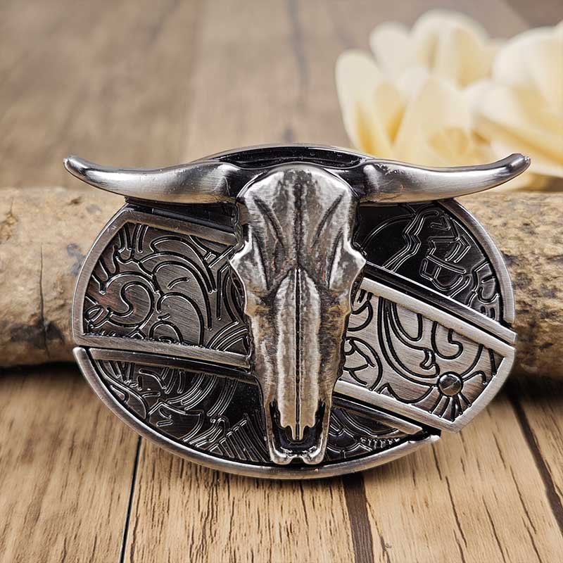 Oval Belt Buckle with Bull Skull and Hidden Knife
