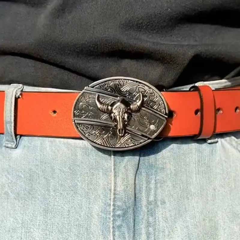 Oval Belt Buckle with Bull Skull and Hidden Knife