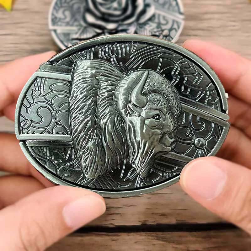 Oval Belt Buckle with Bull Skull and Hidden Knife
