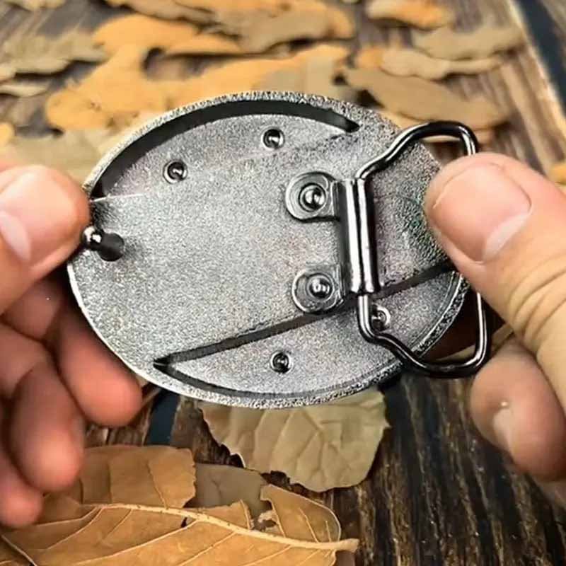 Oval Belt Buckle with Bull Skull and Hidden Knife