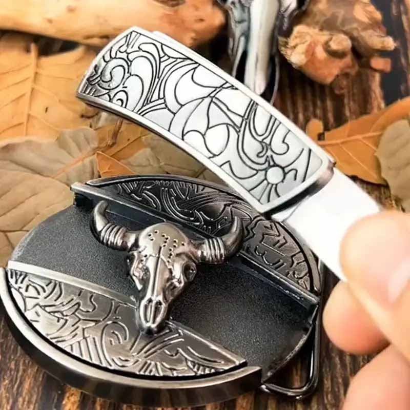 Oval Belt Buckle with Bull Skull and Hidden Knife