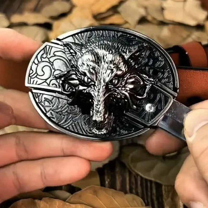 Oval Belt Buckle with Bull Skull and Hidden Knife