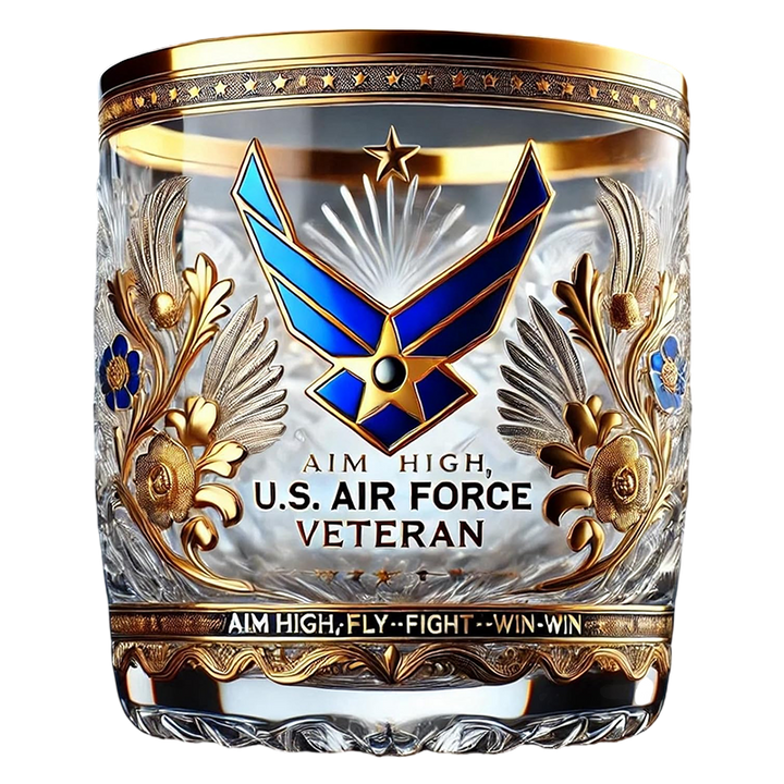 Whiskey Glass Drinking Rocks Gold Rim Embossed Veteran Gift