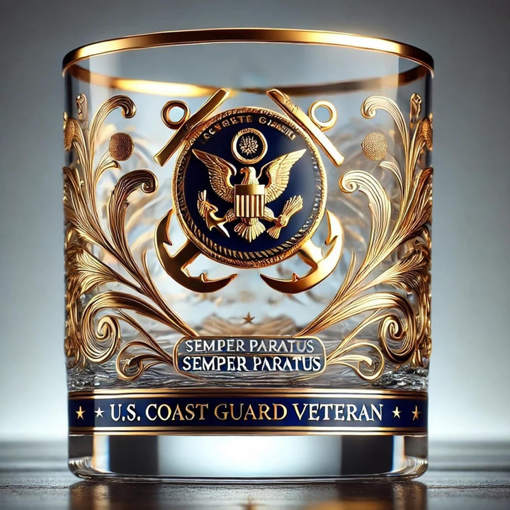Whiskey Glass Drinking Rocks Gold Rim Embossed Veteran Gift