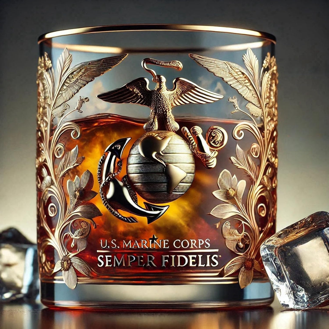 Whiskey Glass Drinking Rocks Gold Rim Embossed Veteran Gift
