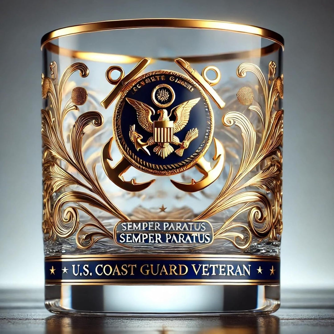 Whiskey Glass Rocks Tumbler Gold Filigree Emblem Veteran Crystal Clear