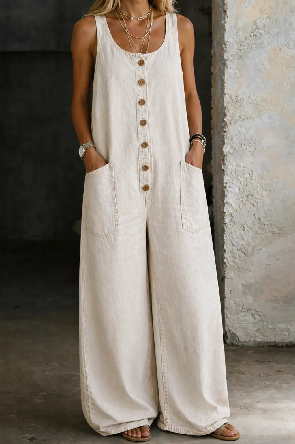 Denim Wide-Leg Dungarees with Button Front