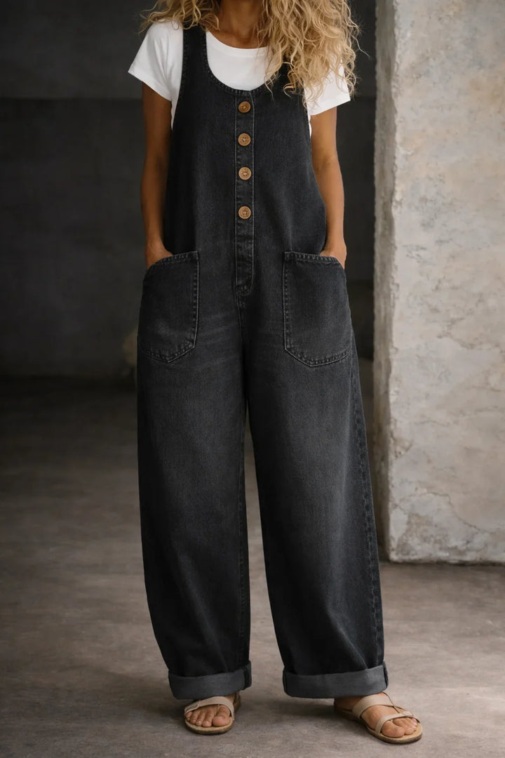 Denim Wide-Leg Dungarees with Button Front