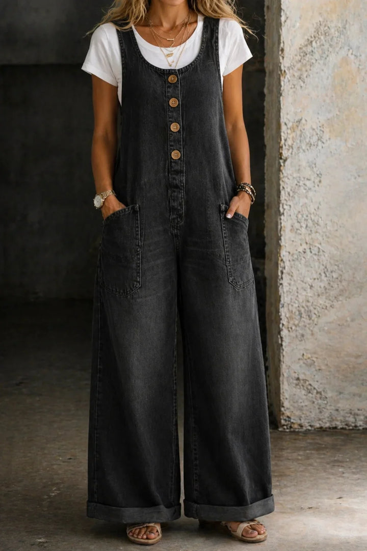 Denim Wide-Leg Dungarees with Button Front