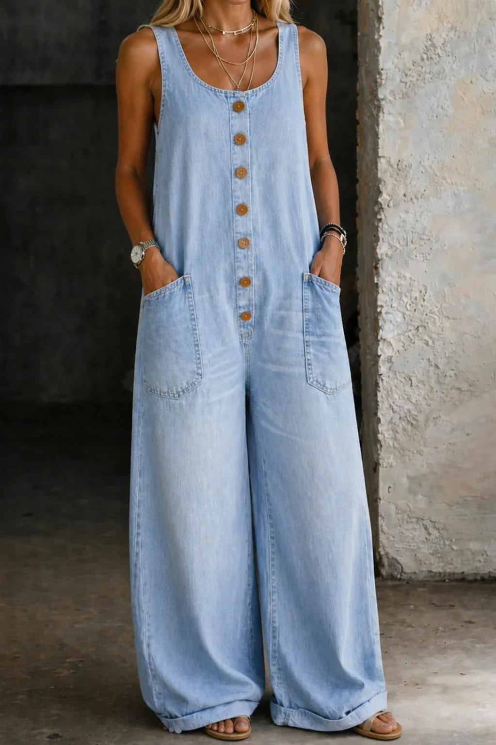 Denim Wide-Leg Dungarees with Button Front