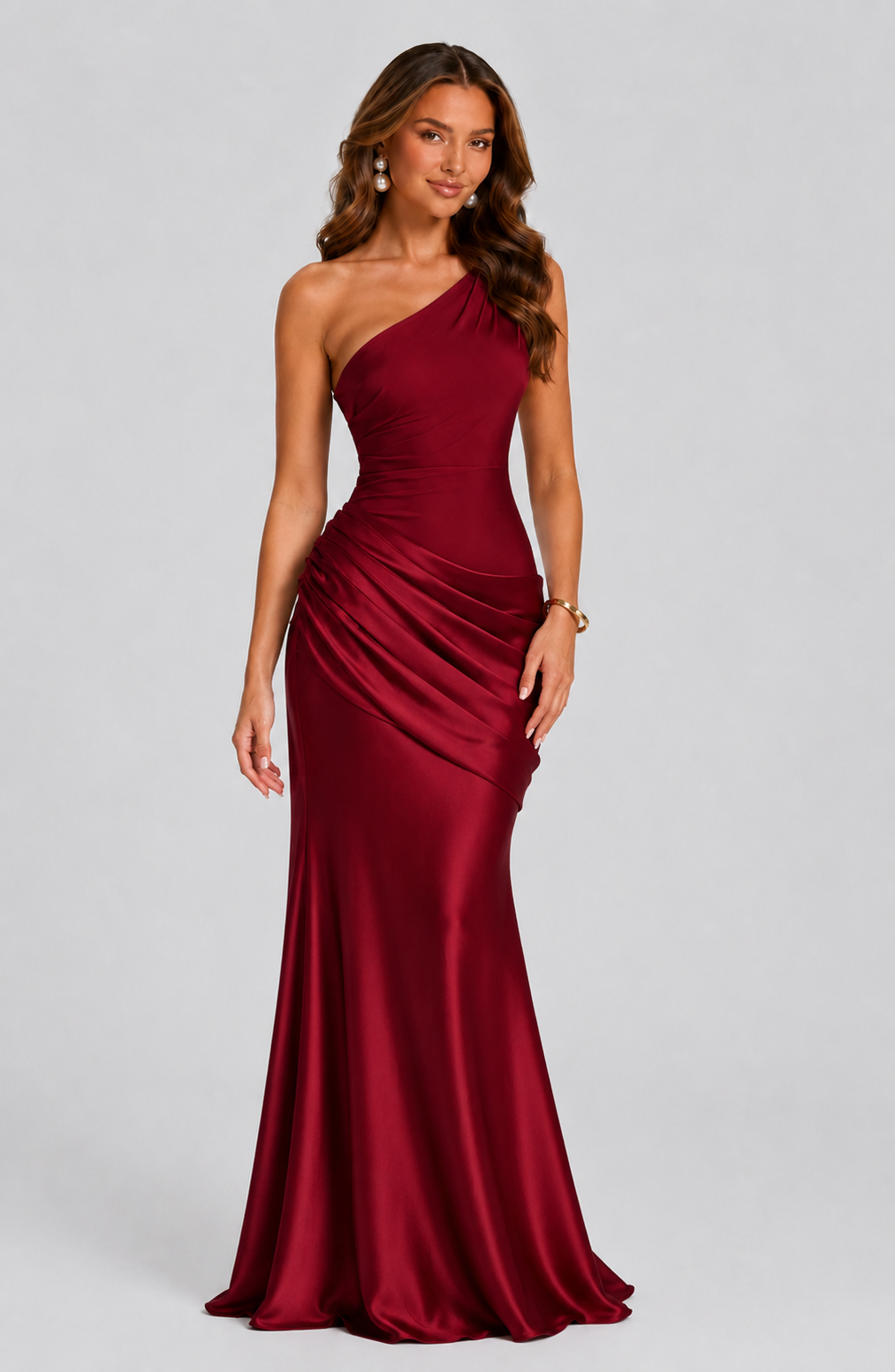 One-shoulder draped satin maxi dress