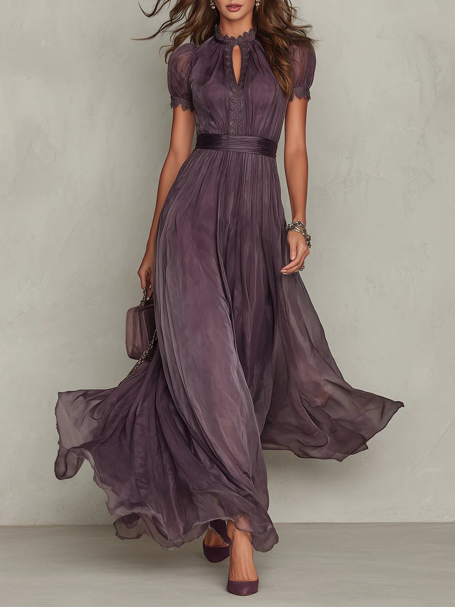 Women's Maxi Dress with Lace Trim and Gathered Waist for Special Occasions