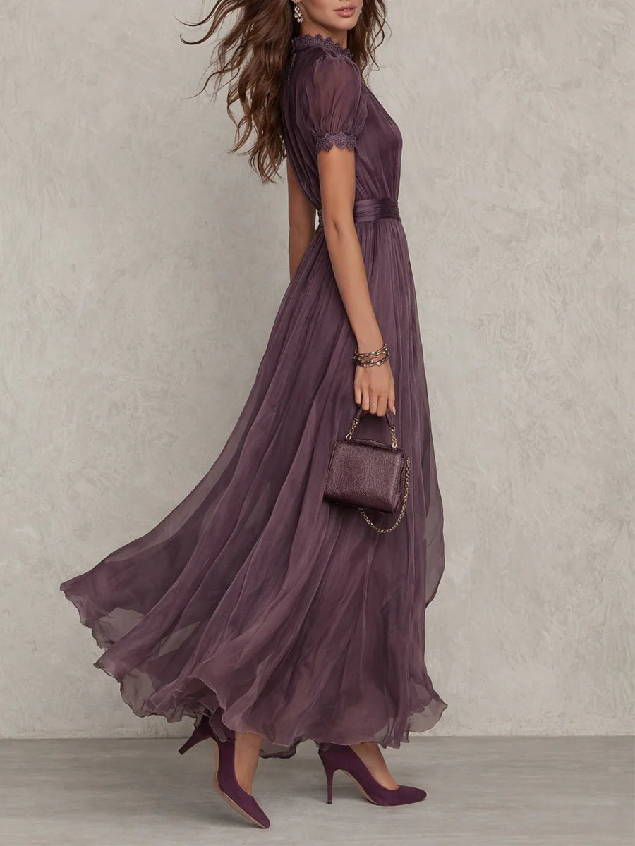 Women's Maxi Dress with Lace Trim and Gathered Waist for Special Occasions
