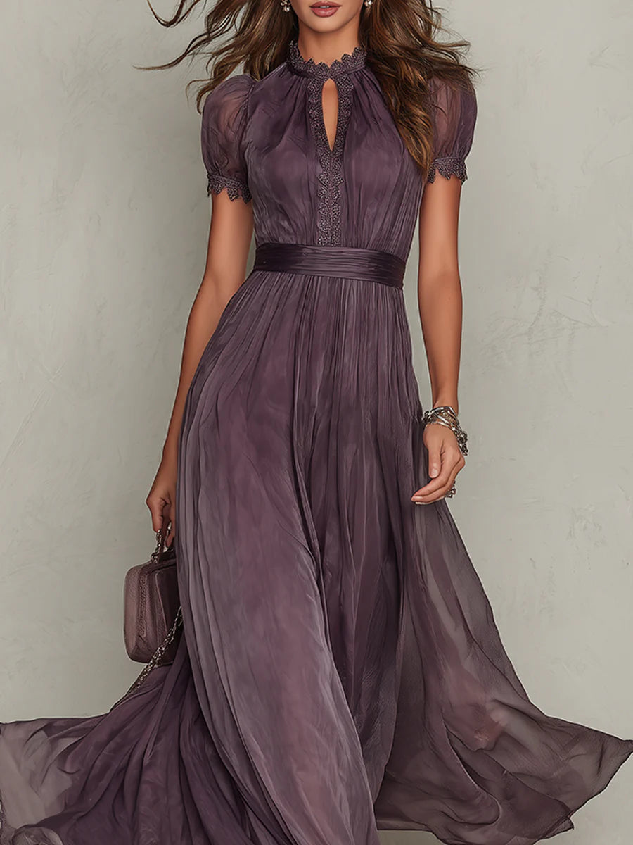Women's Maxi Dress with Lace Trim and Gathered Waist for Special Occasions
